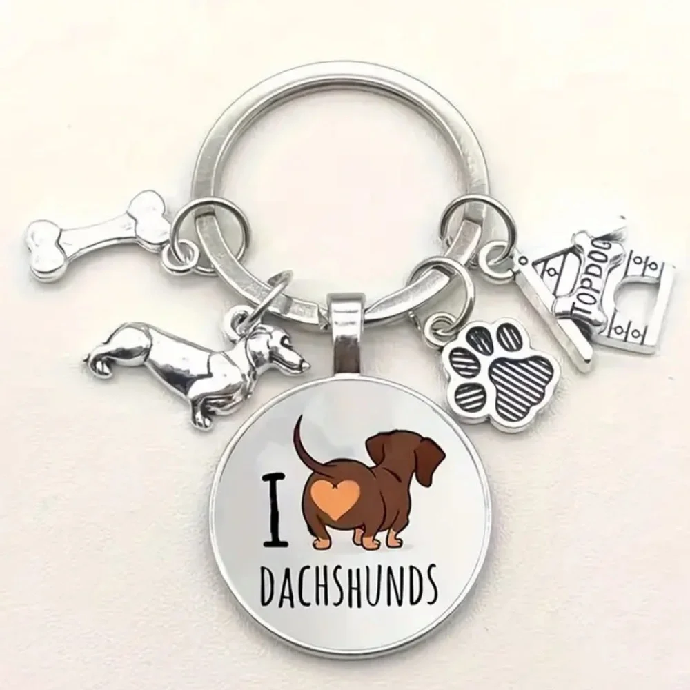 Dachshund Love Charms Key Ring / Keychain - Bone Dig House Paw Print